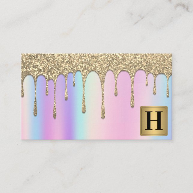 Gold Metallic Monogram | Glitter Drip | Iridescent Business Card (Front)