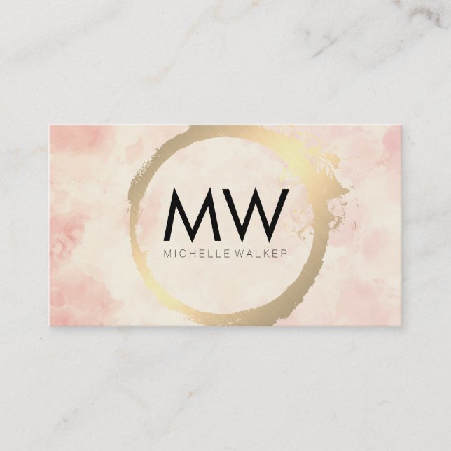 Gold Metallic | Monogram | Pink Watercolor Business Card (Front)