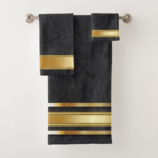 Gold Metallic on Black Bath Towel Set (Insitu)