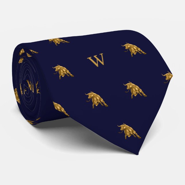 Gold Metallic Ox Bull Monogrammed Initials Blue Neck Tie (Rolled)