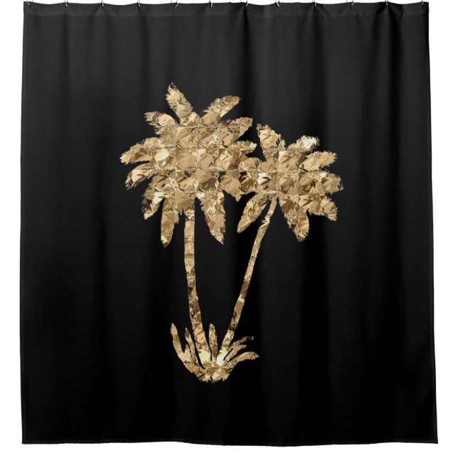 Gold Metallic Palm Trees on Black Shower Curtain (Front)
