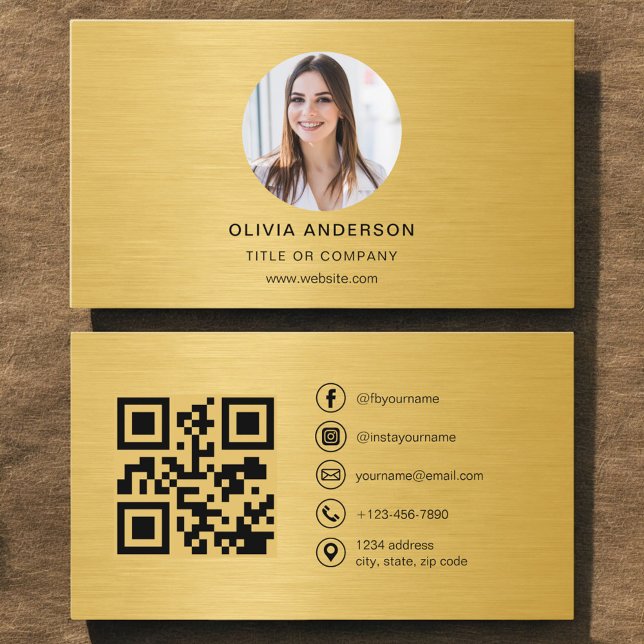 Gold Metallic Photo with QR Code Social Media Business Card (Creator Uploaded)