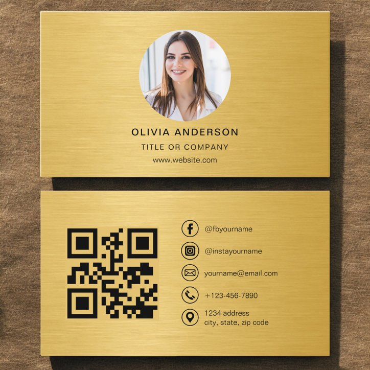 Gold Metallic Photo With QR Code Social Media Business Card