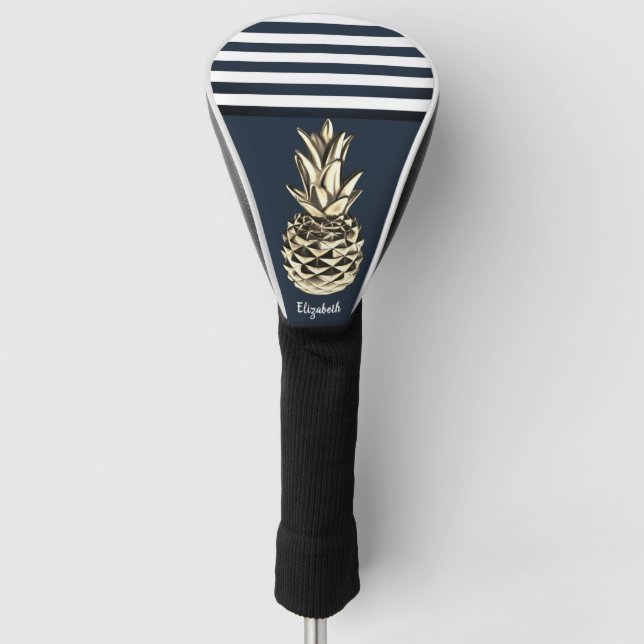 Gold Metallic Pineapple Navy Blue Stripes  Golf Head Cover (Front)