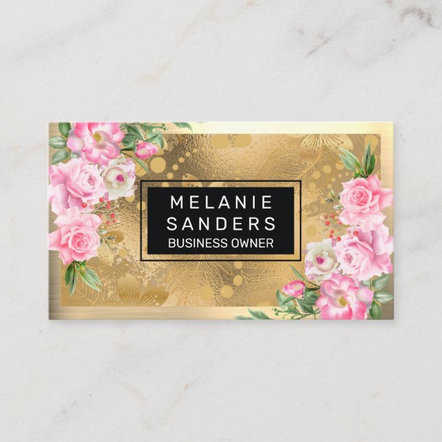 Gold Metallic | Pink Flowers Business Card (Front)