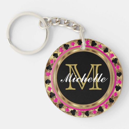 Gold Metallic Pink Poker Design  Monogram Keychain