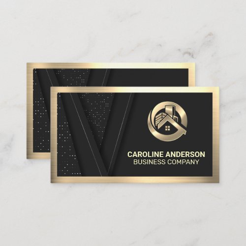 Gold Metallic Real Estate Logo  Black Lux Pattern Business Card