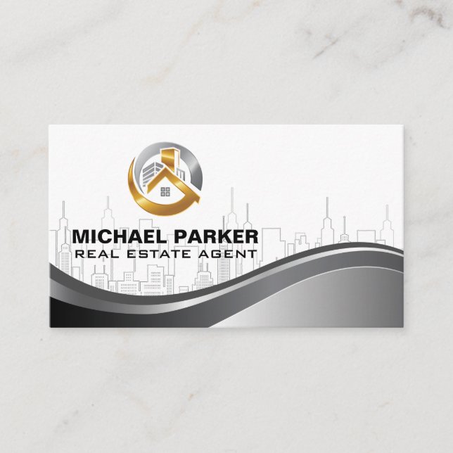 Gold Metallic Real Estate Logo | City Skyline Business Card (Front)