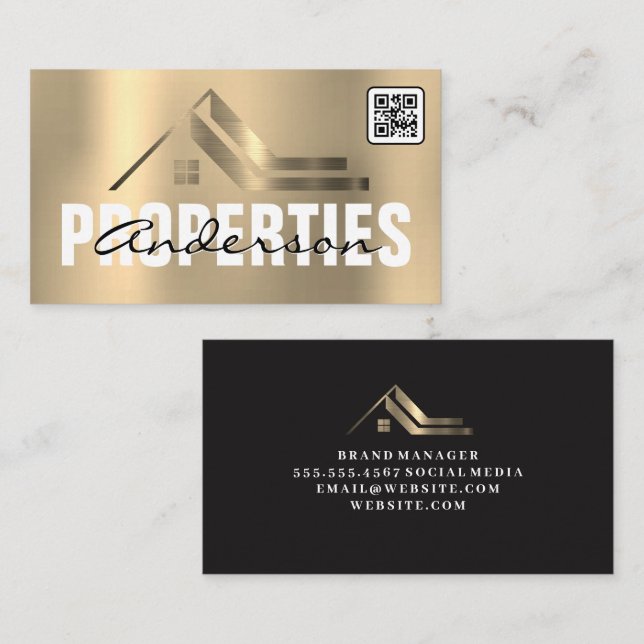Gold Metallic Real Estate Logo | QR code  Business Card (Front/Back)