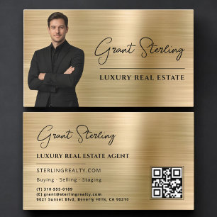 Gold Metallic Real Estate QR Code Photo Business Card