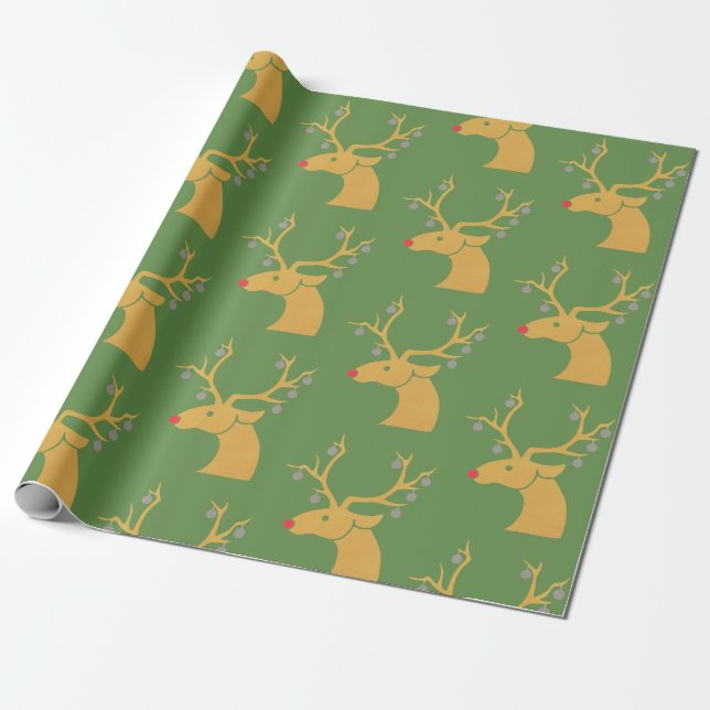 Gold Metallic Reindeer Rudolph Holiday Christmas Wrapping Paper (Unrolled)