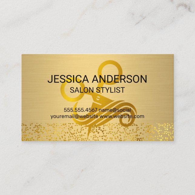 Gold Metallic | Scissors Hair Salon Logo Business Card (Front)