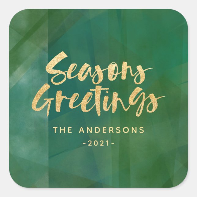 Gold metallic seasons greetings square sticker (Front)