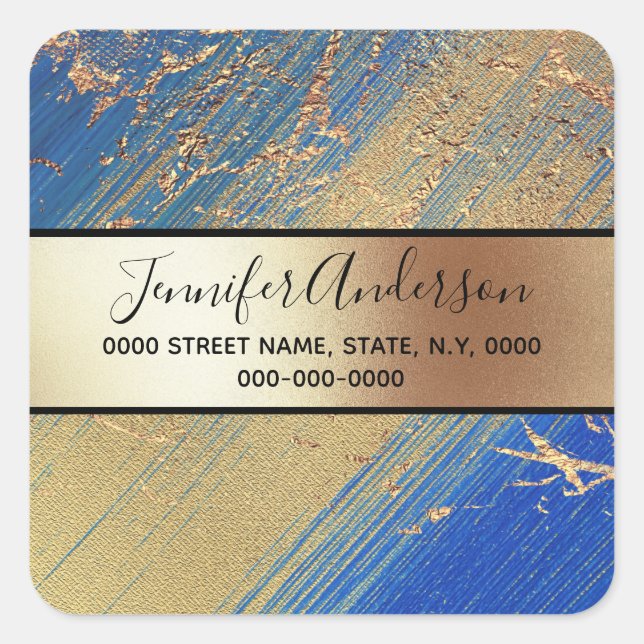 Gold metallic shimmer marble blue modern chic square sticker (Front)