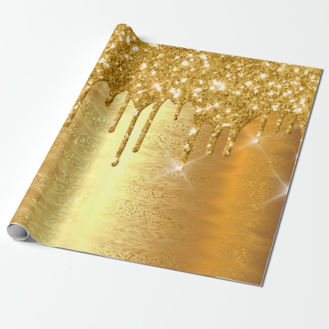 Gold Metallic Sparkly Drips Glitter Bridal Wedding Wrapping Paper (Unrolled)