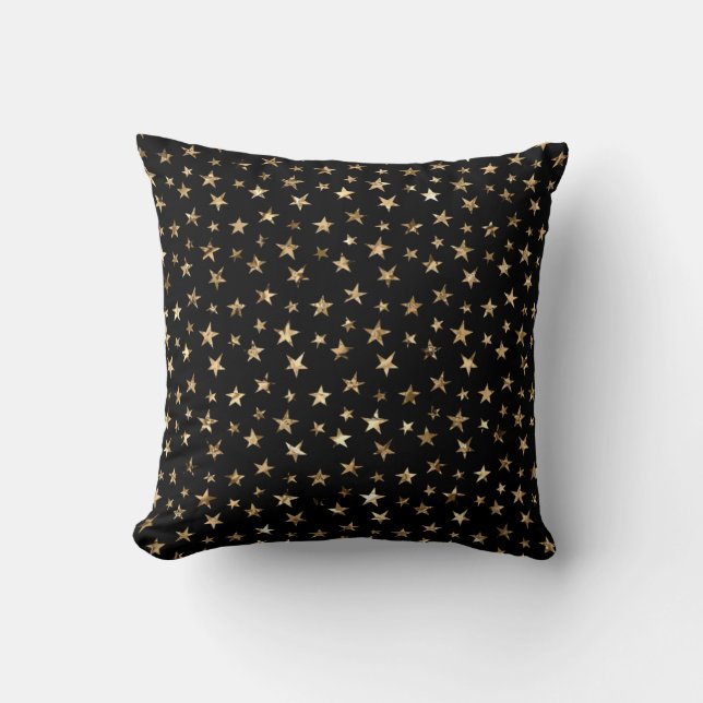 Gold Metallic Stars on Black Throw Pillow (Front)