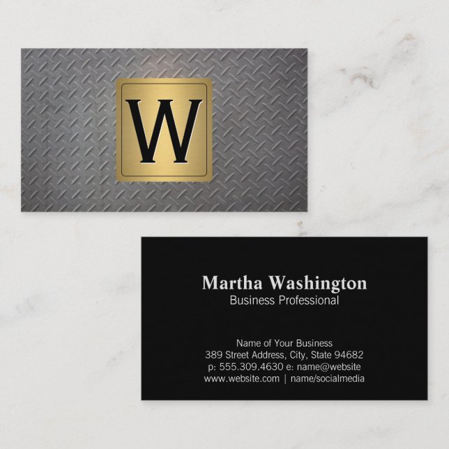 Gold | Metallic Steel Background | Monogram Business Card (Front/Back)
