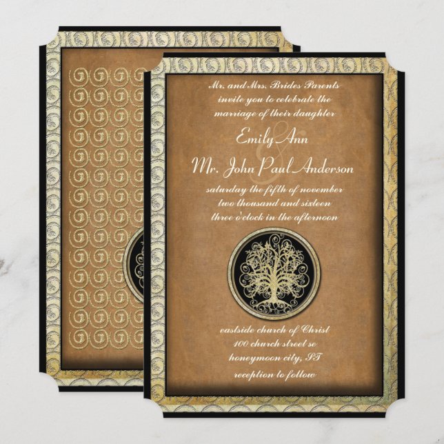 Gold Metallic Swirl Tree Gold Border Wedding Invitation (Front/Back)
