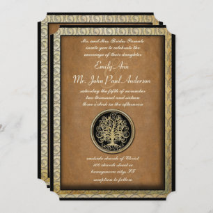 Gold Metallic Swirl Tree Gold Border Wedding Invitation