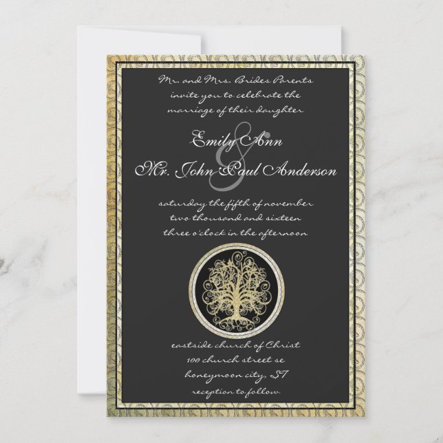 Gold Metallic Swirl Tree Gold Border Wedding Invitation (Front)