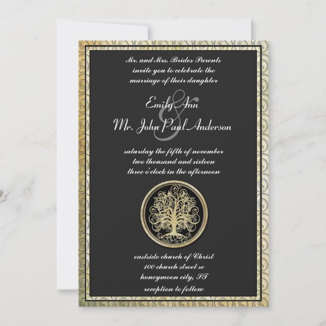 Gold Metallic Swirl Tree Gold Border Wedding Invitation (Front)