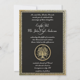 Gold Metallic Swirl Tree Gold Border Wedding Invitation