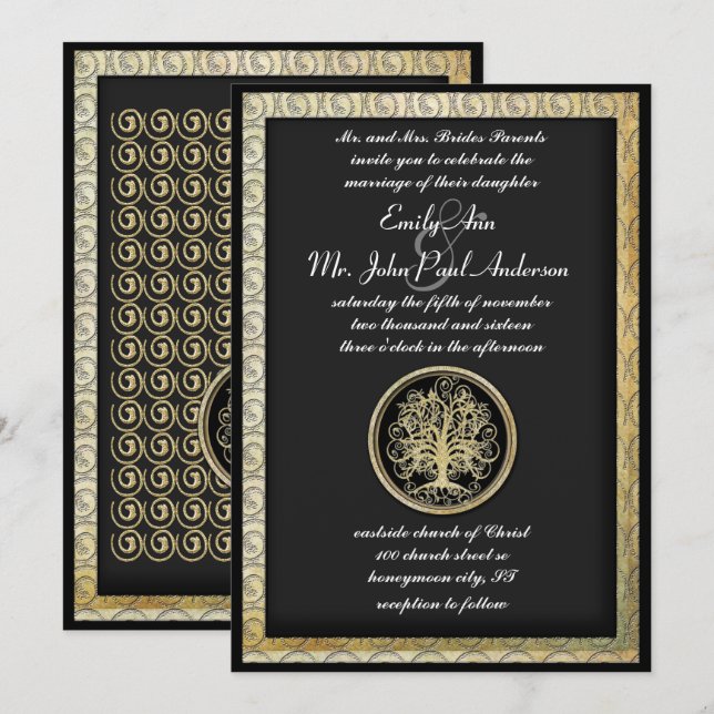 Gold Metallic Swirl Tree Gold Border Wedding Invitation (Front/Back)