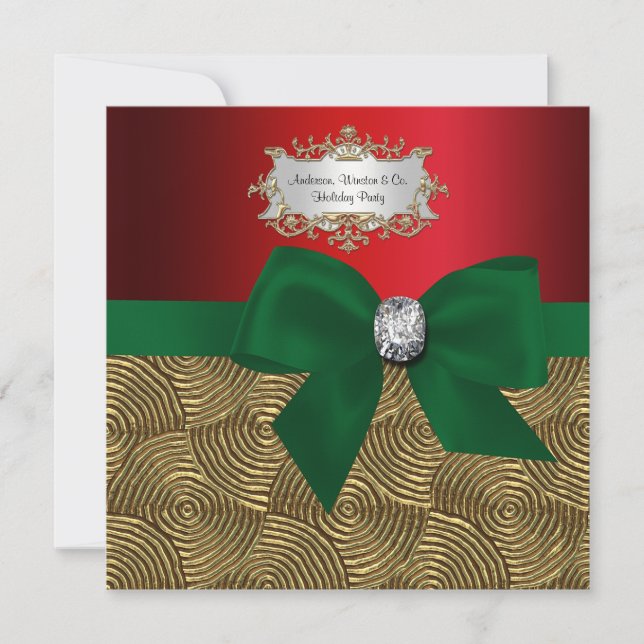 Gold Metallic Swirls, Bow Ribbon Xmas Party Invitation (Front)