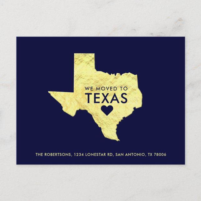  Gold Metallic Texas Map Navy Blue New Address Announcement Postcard (Front)