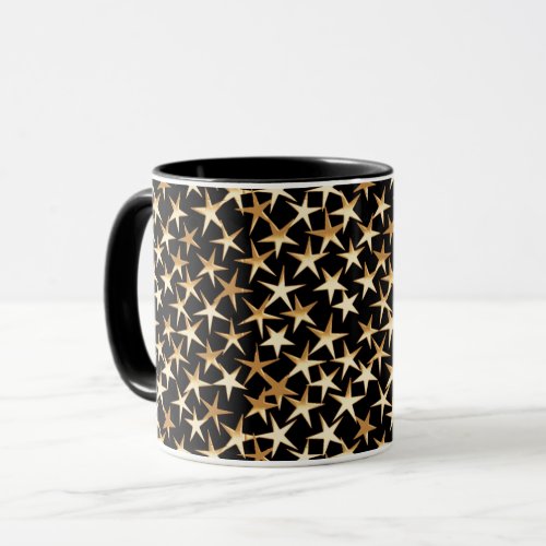 Gold Metallic Textured Stars on Black  Mug