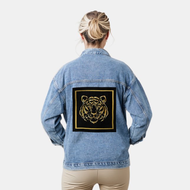 Gold Metallic Tiger Face Denim Jacket (Model)