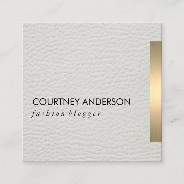 Gold Metallic Trim White Leather Square Business Card (Front)