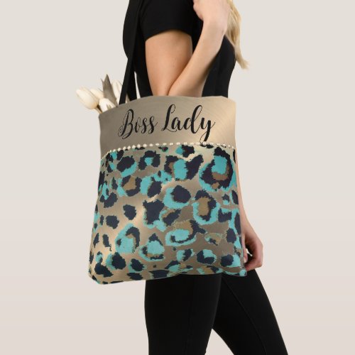 Gold Metallic Turquoise Leopard Boss Lady Tote Bag