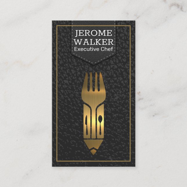 Gold Metallic Utensils Logo | Leather  Business Card (Front)
