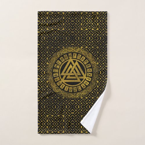 Gold  Metallic Valknut Symbol on Celtic Pattern Bath Towel Set