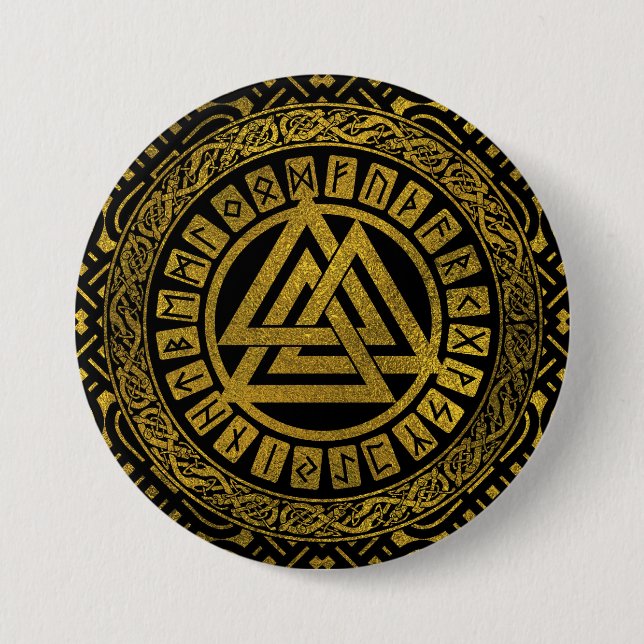 Gold  Metallic Valknut Symbol on Celtic Pattern Pinback Button (Front)