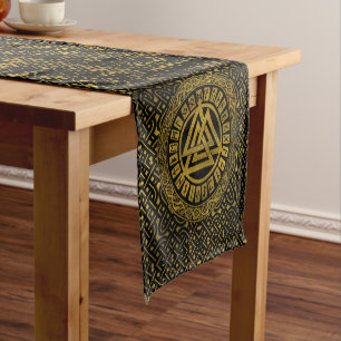 Gold Metallic Valknut Symbol on Celtic Pattern Short Table Runner