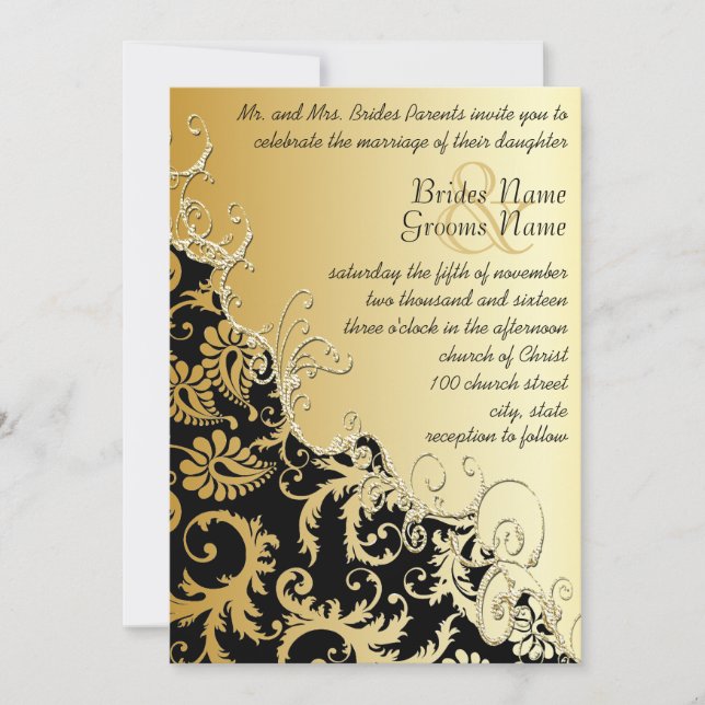 Gold Metallic Vintage Damask Romantic Swirl Invitation (Front)