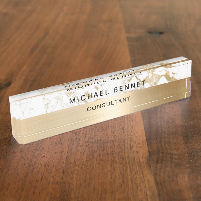 Gold Metallic White Marble Consultant Business  Desk Name Plate (Side)