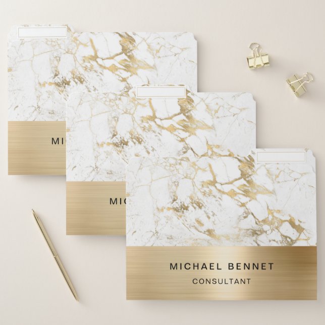 Gold Metallic White Marble Consultant Business File Folder (Set)