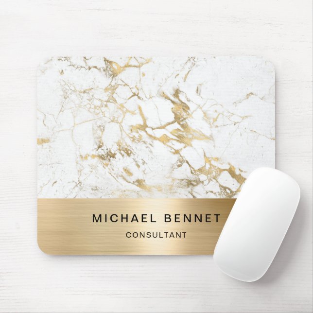 Gold Metallic White Marble Consultant Business Mouse Pad (With Mouse)