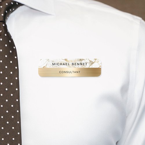 Gold Metallic White Marble Consultant Business Name Tag