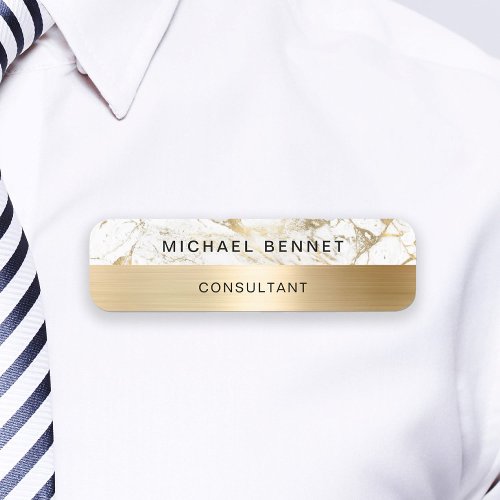 Gold Metallic White Marble Consultant Business Name Tag