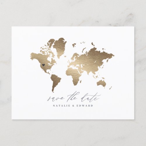 Gold metallic world map wedding announcement