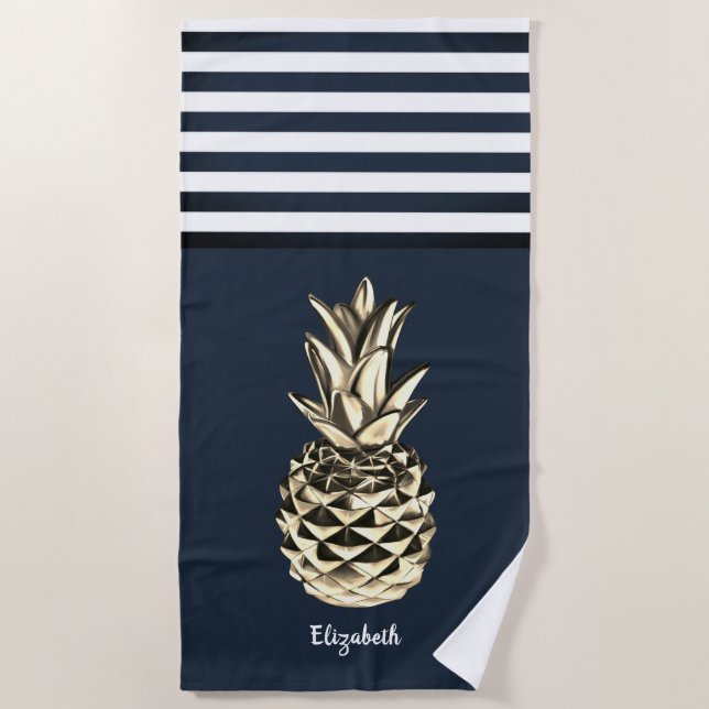 Gold MetallicPineapple Nautical Navy Blue Striped  Beach Towel (Front)