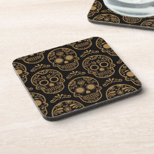 Gold Mexican Day Calavera Floral Skull Folk Beverage Coaster