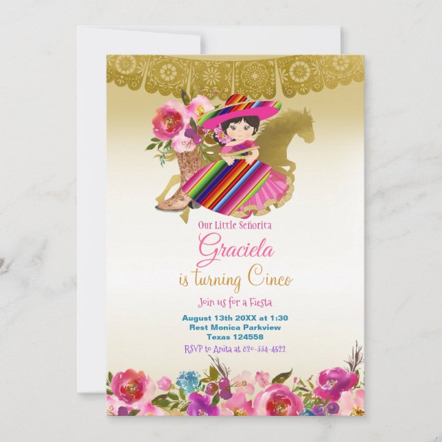 Gold Mexican Flowers Fiesta Birthday Girl   Invitation (Front)