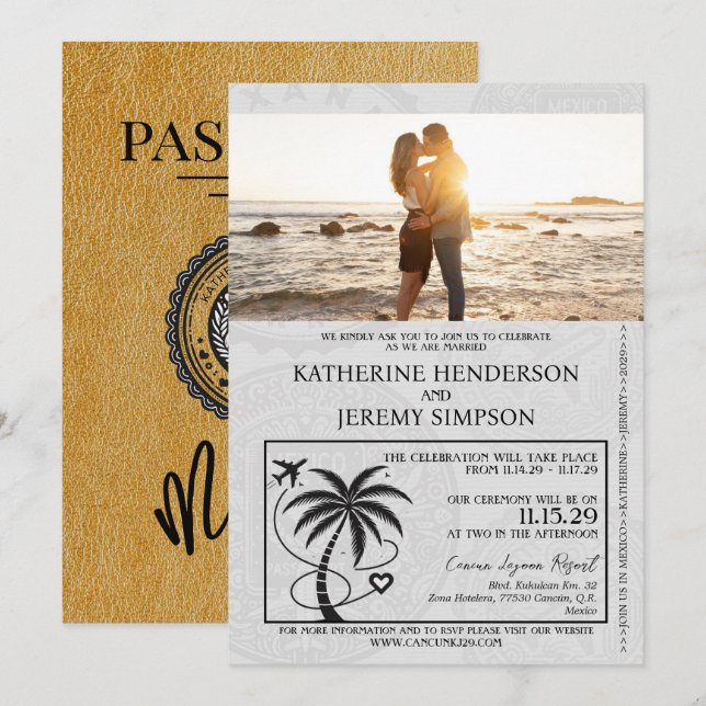 Gold Mexico Passport Wedding Invitation (Front/Back)