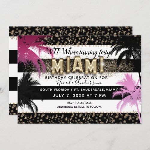 Gold Miami Glitter Glam Palm Trees Birthday Party Invitation
