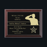 Gold Military Thank You Award Plaque<br><div class="desc">A gold silhouette soldier salutes at the right side of this military thank you award plaque. Below the figure is a gold star with "USA" at the middle. To the left are five text fields for you to customize. Make it say whatever you'd like! This silhouette image works for service...</div>